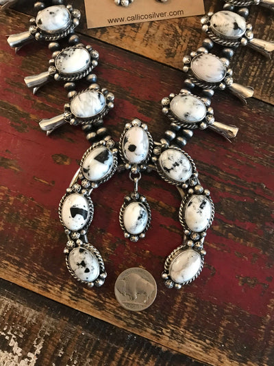 The Abbott White Buffalo Squash Blossom Necklace Set-Necklaces-Calli Co., Turquoise and Silver Jewelry, Native American Handmade, Zuni Tribe, Navajo Tribe, Brock Texas