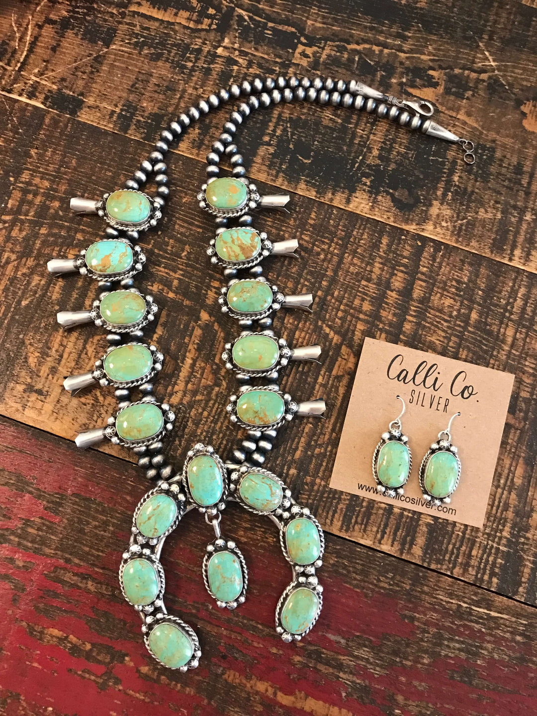 The Sedillo Turquoise Squash Blossom Necklace Set-Necklaces-Calli Co., Turquoise and Silver Jewelry, Native American Handmade, Zuni Tribe, Navajo Tribe, Brock Texas