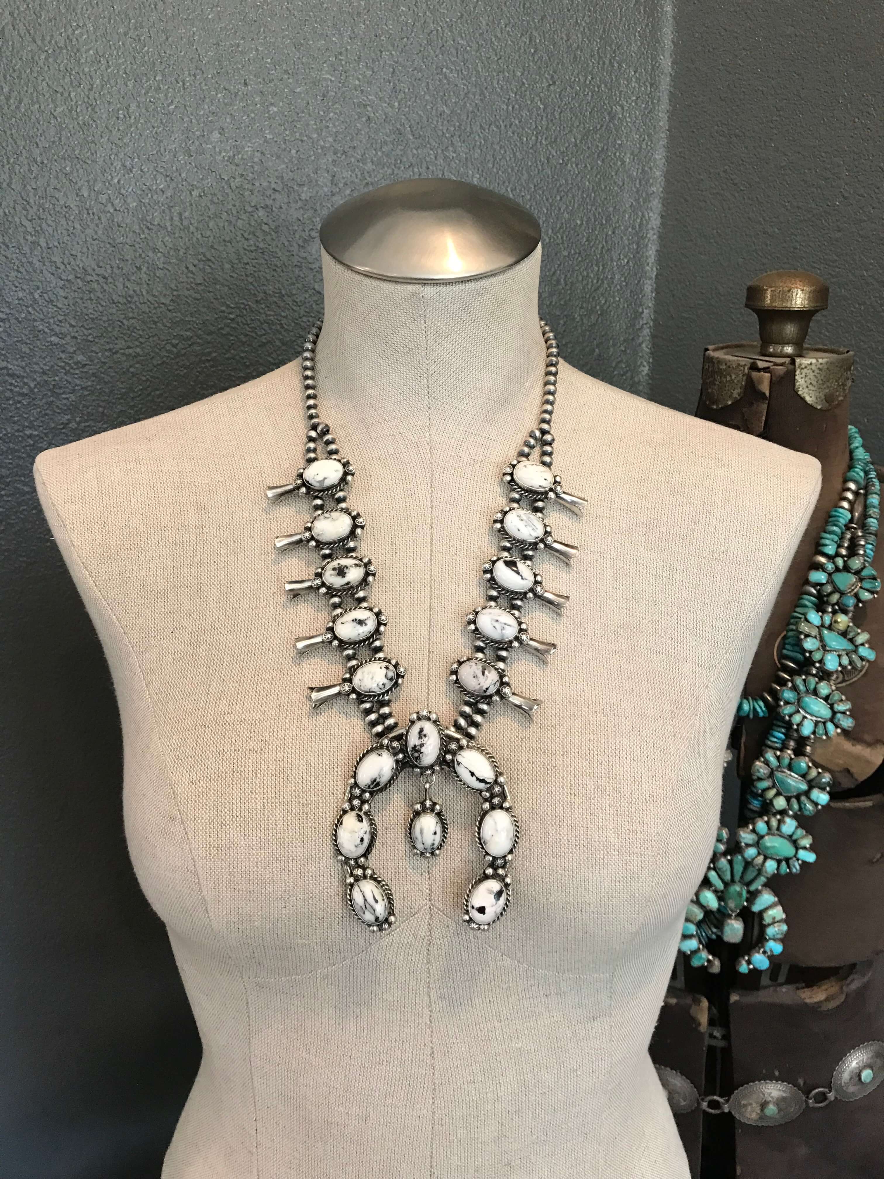 The Ballinger White Buffalo Squash Blossom Necklace Set-Necklaces-Calli Co., Turquoise and Silver Jewelry, Native American Handmade, Zuni Tribe, Navajo Tribe, Brock Texas