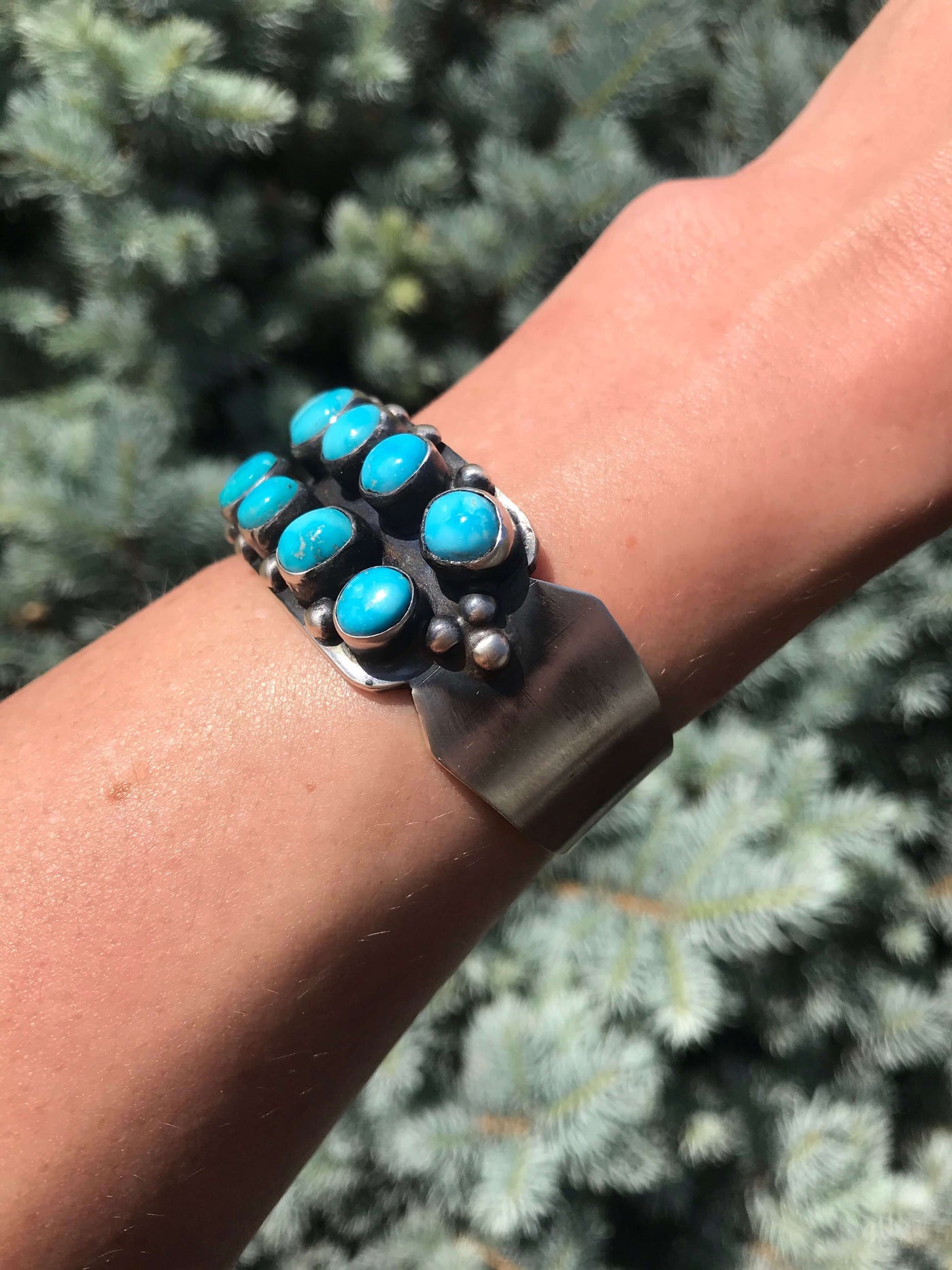 The Bluebird Double Row Turquoise Cuff II-Bracelets & Cuffs-Calli Co., Turquoise and Silver Jewelry, Native American Handmade, Zuni Tribe, Navajo Tribe, Brock Texas