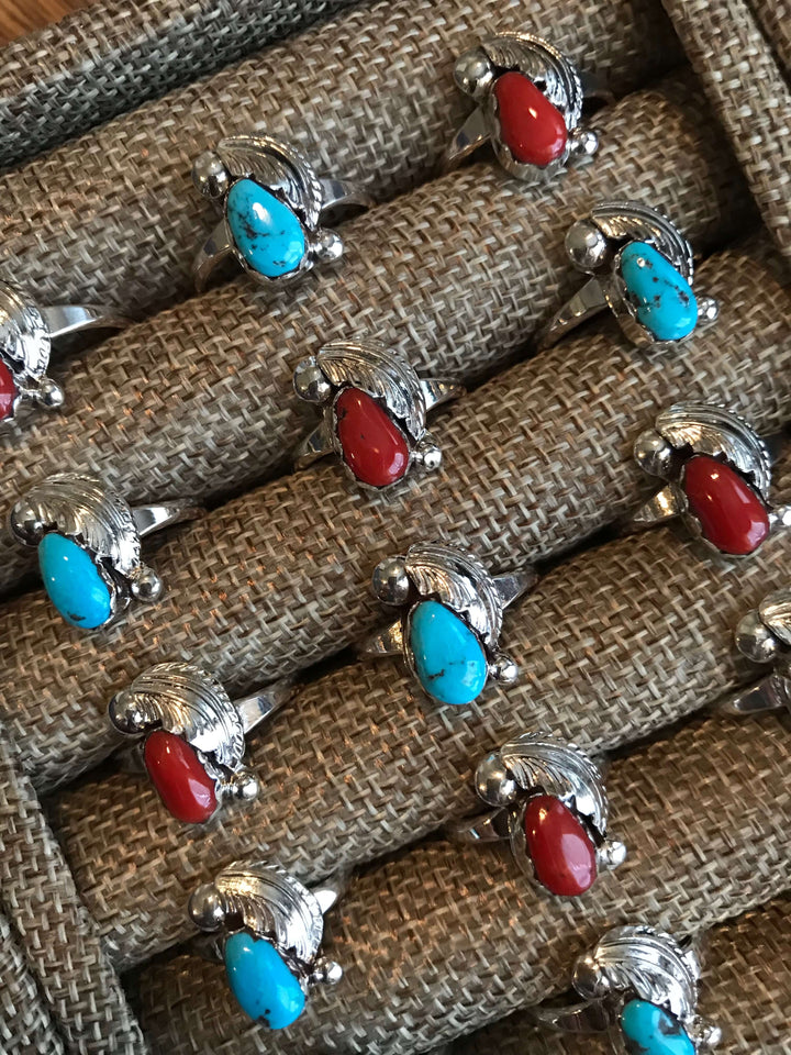 The Turquoise or Coral Traditional Rings •-Rings-Calli Co., Turquoise and Silver Jewelry, Native American Handmade, Zuni Tribe, Navajo Tribe, Brock Texas