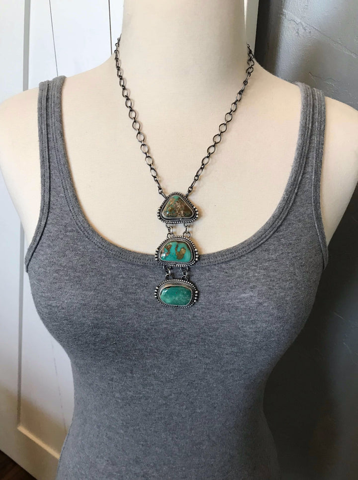 The San Saba Royston Turquoise Lariat Necklace-Necklaces-Calli Co., Turquoise and Silver Jewelry, Native American Handmade, Zuni Tribe, Navajo Tribe, Brock Texas