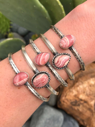 The Dermott Rhodochrosite Cuffs-Bracelets & Cuffs-Calli Co., Turquoise and Silver Jewelry, Native American Handmade, Zuni Tribe, Navajo Tribe, Brock Texas