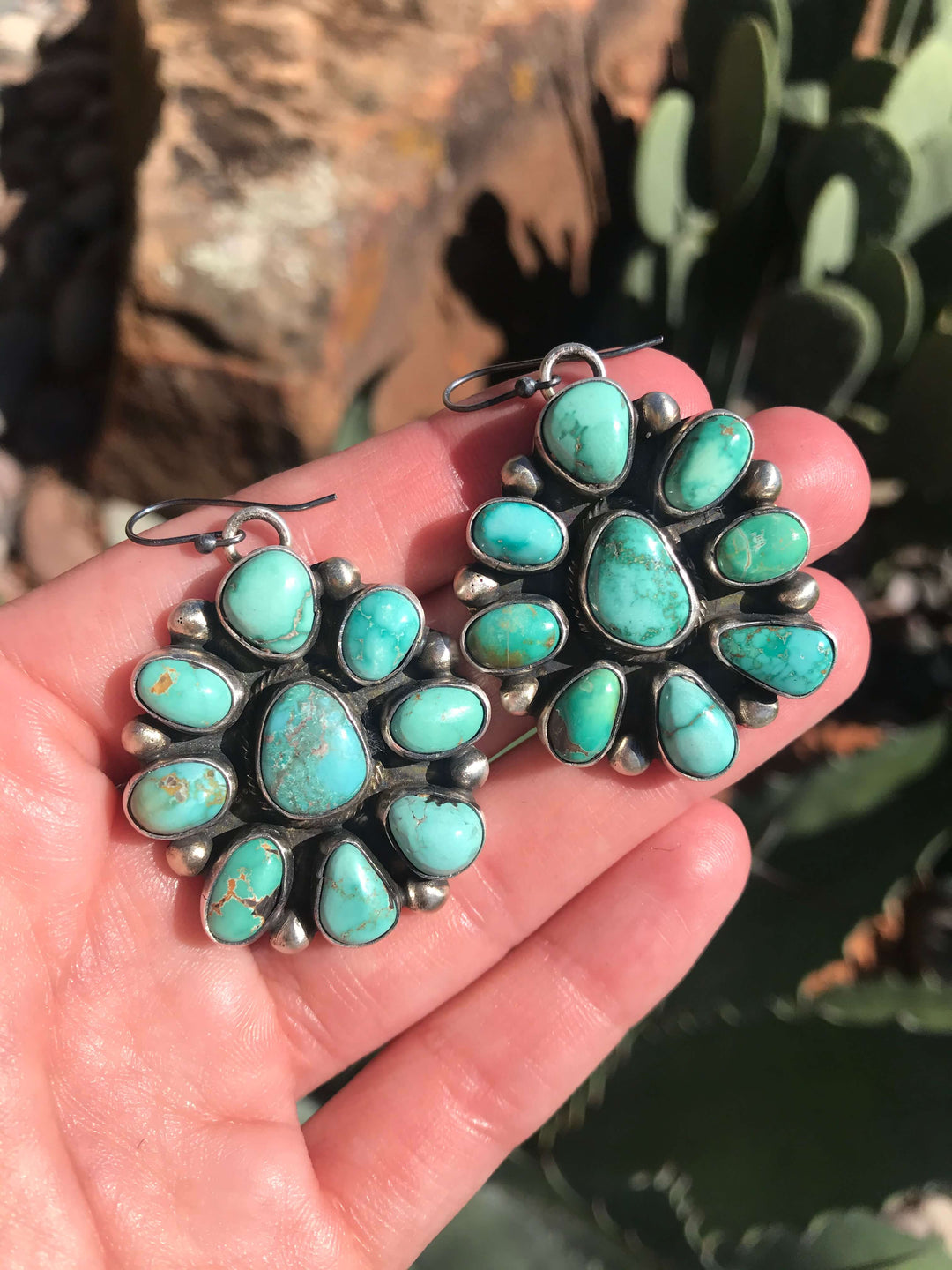 The Coalinga Turquoise Cluster Earrings-Earrings-Calli Co., Turquoise and Silver Jewelry, Native American Handmade, Zuni Tribe, Navajo Tribe, Brock Texas