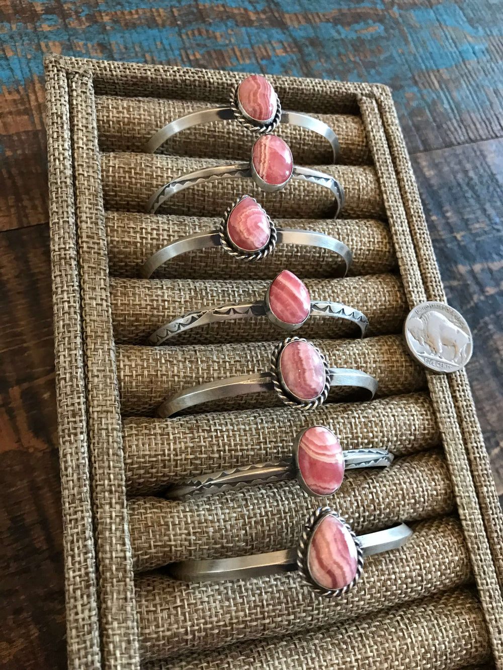 The Dermott Rhodochrosite Cuffs-Bracelets & Cuffs-Calli Co., Turquoise and Silver Jewelry, Native American Handmade, Zuni Tribe, Navajo Tribe, Brock Texas