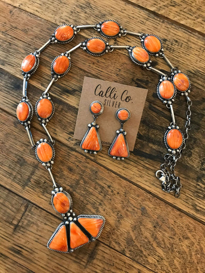 The Blanchard Orange Spiny Lariat Necklace Set-Necklaces-Calli Co., Turquoise and Silver Jewelry, Native American Handmade, Zuni Tribe, Navajo Tribe, Brock Texas