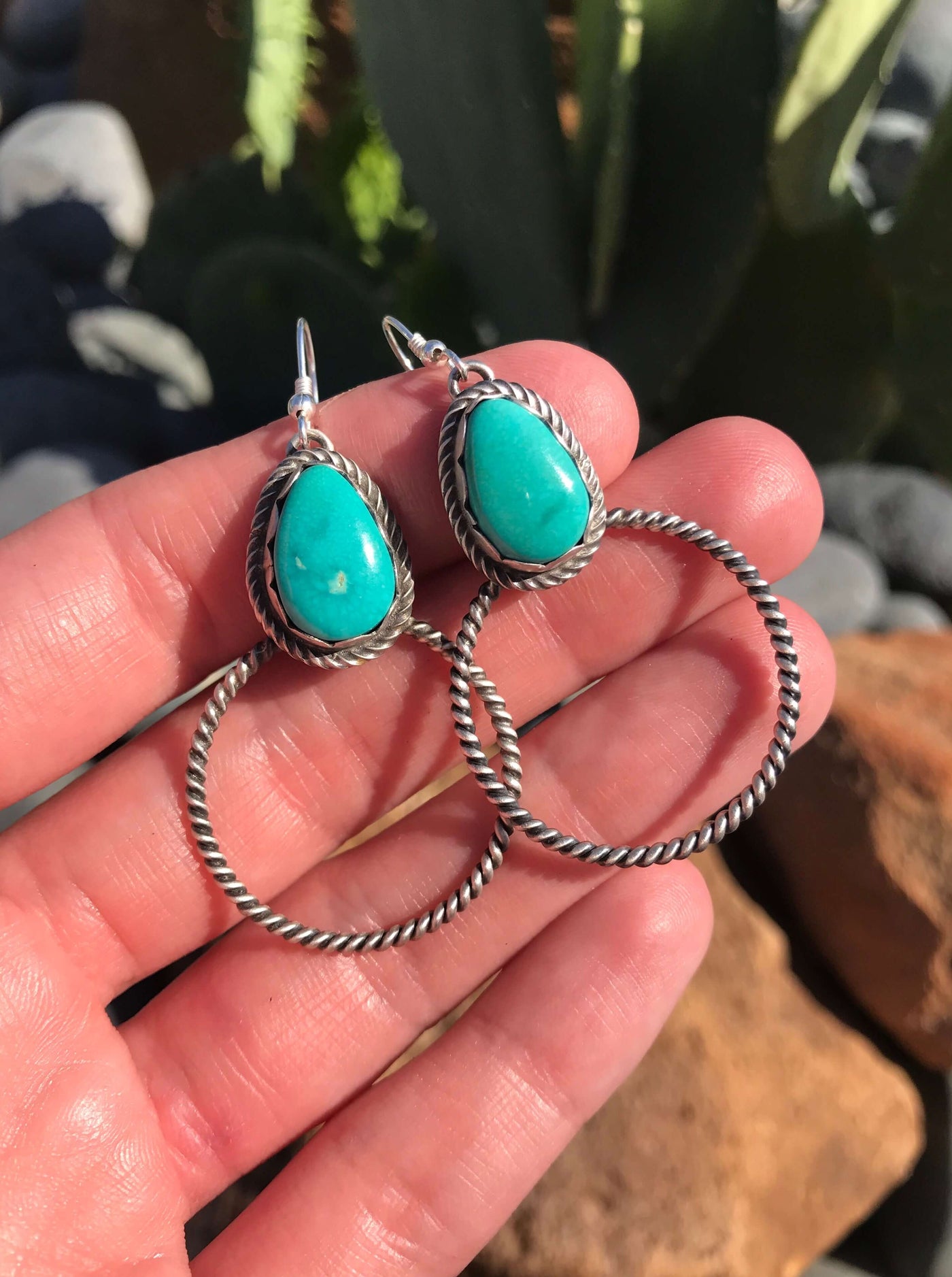 The Turquoise Midi Hoop, 2-Earrings-Calli Co., Turquoise and Silver Jewelry, Native American Handmade, Zuni Tribe, Navajo Tribe, Brock Texas