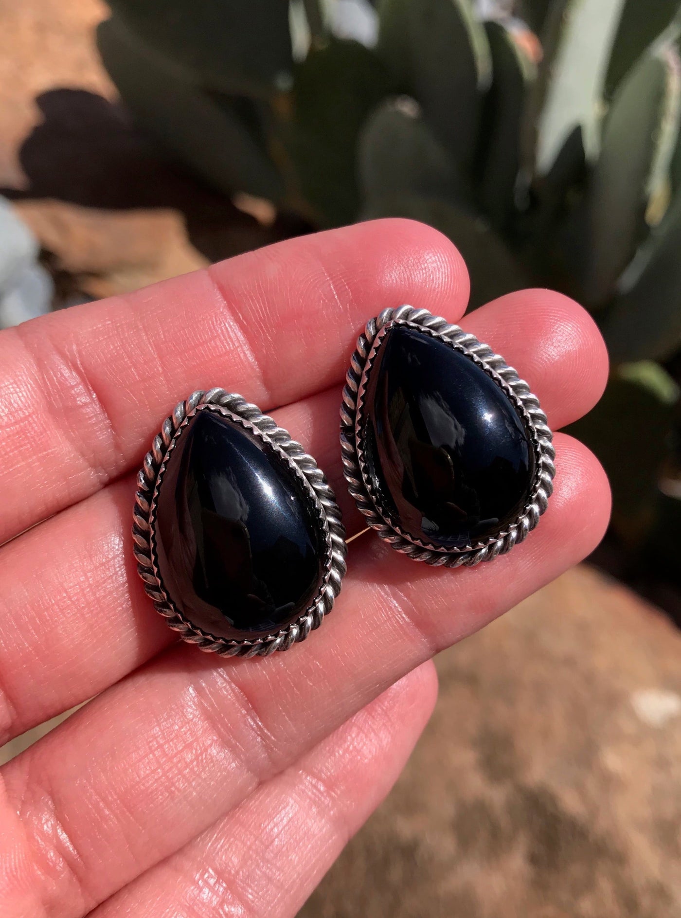 The Onyx Grande Studs-Earrings-Calli Co., Turquoise and Silver Jewelry, Native American Handmade, Zuni Tribe, Navajo Tribe, Brock Texas