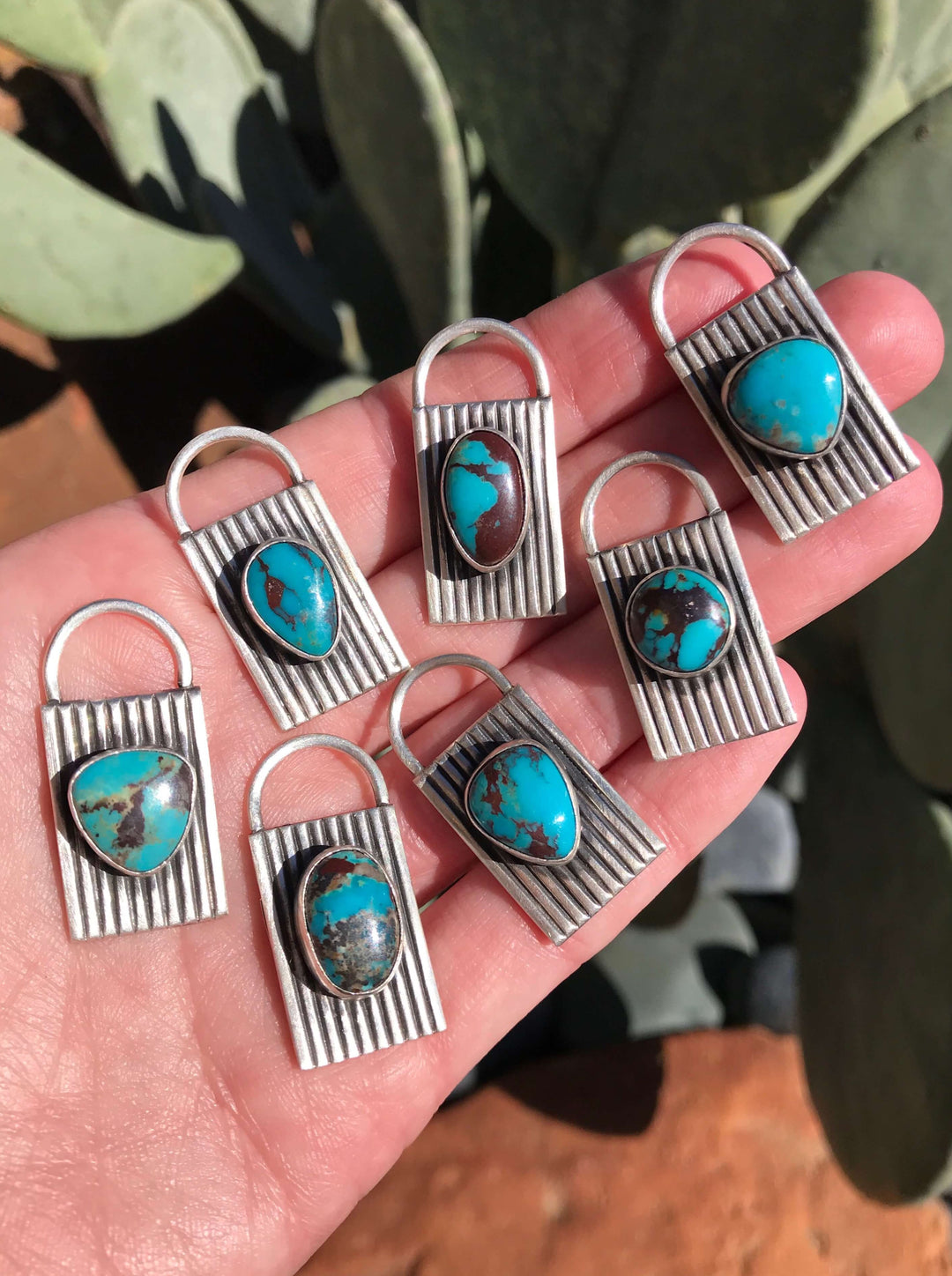 The Turquoise Lock Pendants-Pendants-Calli Co., Turquoise and Silver Jewelry, Native American Handmade, Zuni Tribe, Navajo Tribe, Brock Texas