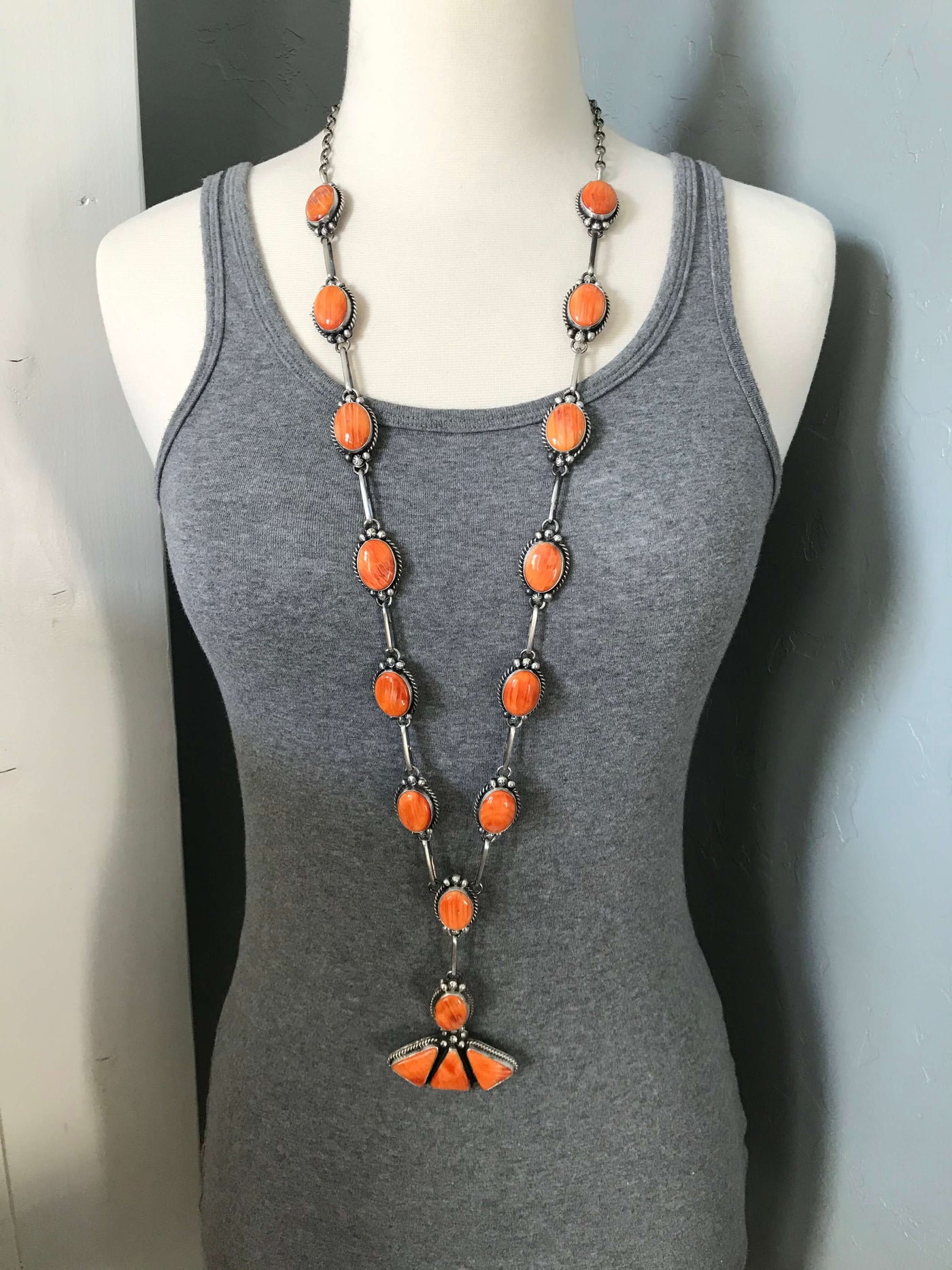 The Blanchard Orange Spiny Lariat Necklace Set-Necklaces-Calli Co., Turquoise and Silver Jewelry, Native American Handmade, Zuni Tribe, Navajo Tribe, Brock Texas