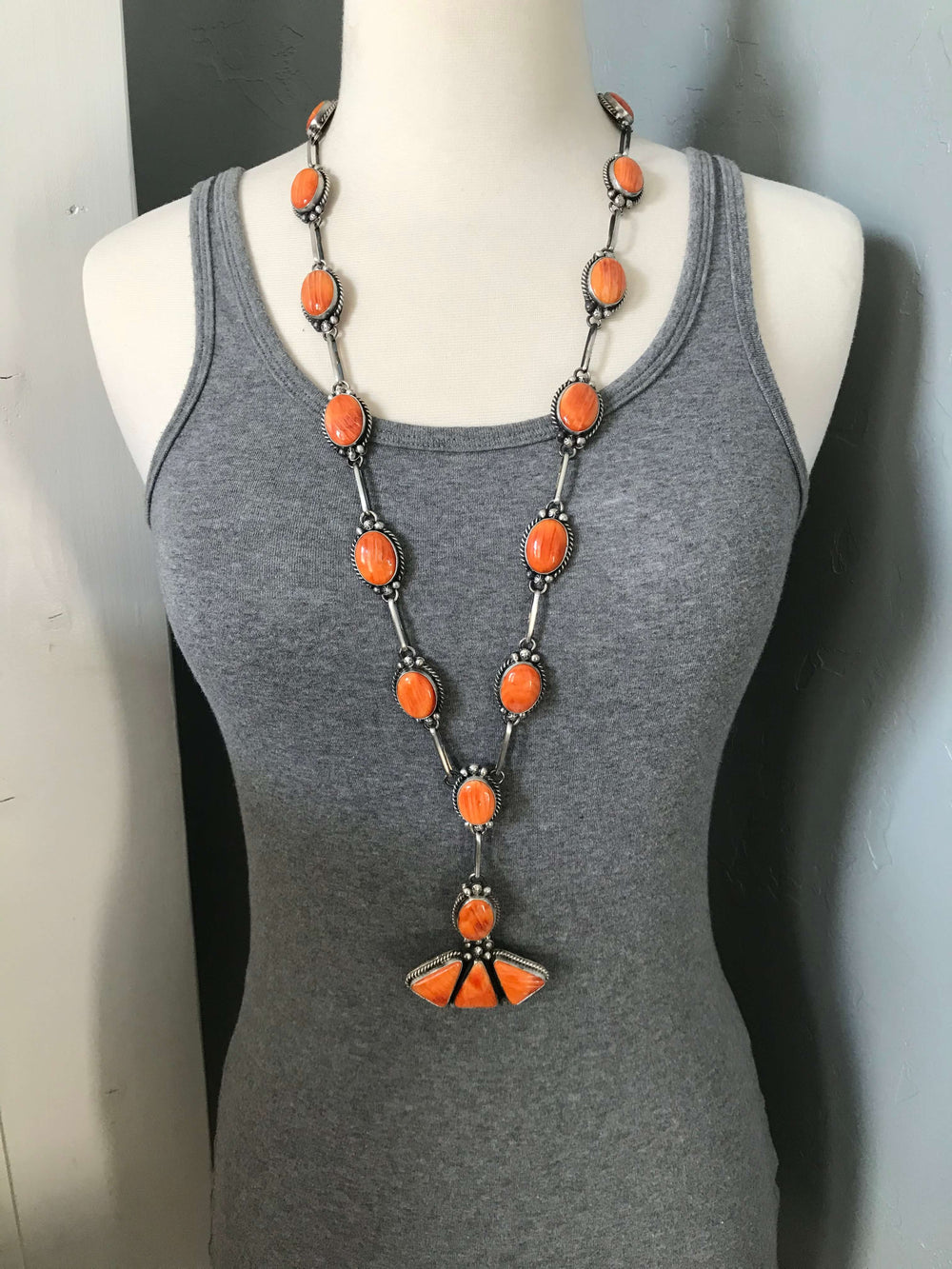The Blanchard Orange Spiny Lariat Necklace Set-Necklaces-Calli Co., Turquoise and Silver Jewelry, Native American Handmade, Zuni Tribe, Navajo Tribe, Brock Texas