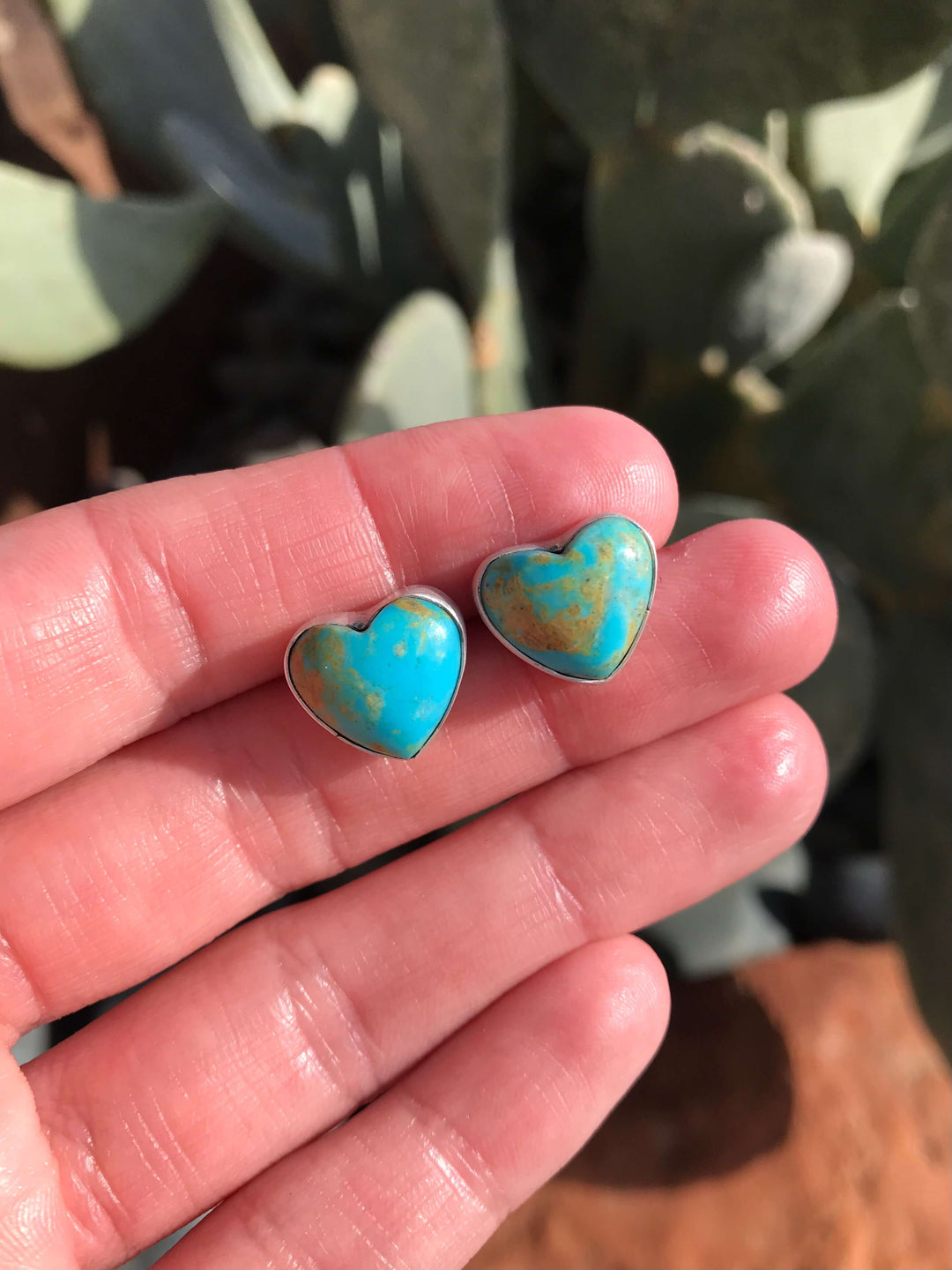 The Turquoise Heart Studs, 1-Earrings-Calli Co., Turquoise and Silver Jewelry, Native American Handmade, Zuni Tribe, Navajo Tribe, Brock Texas