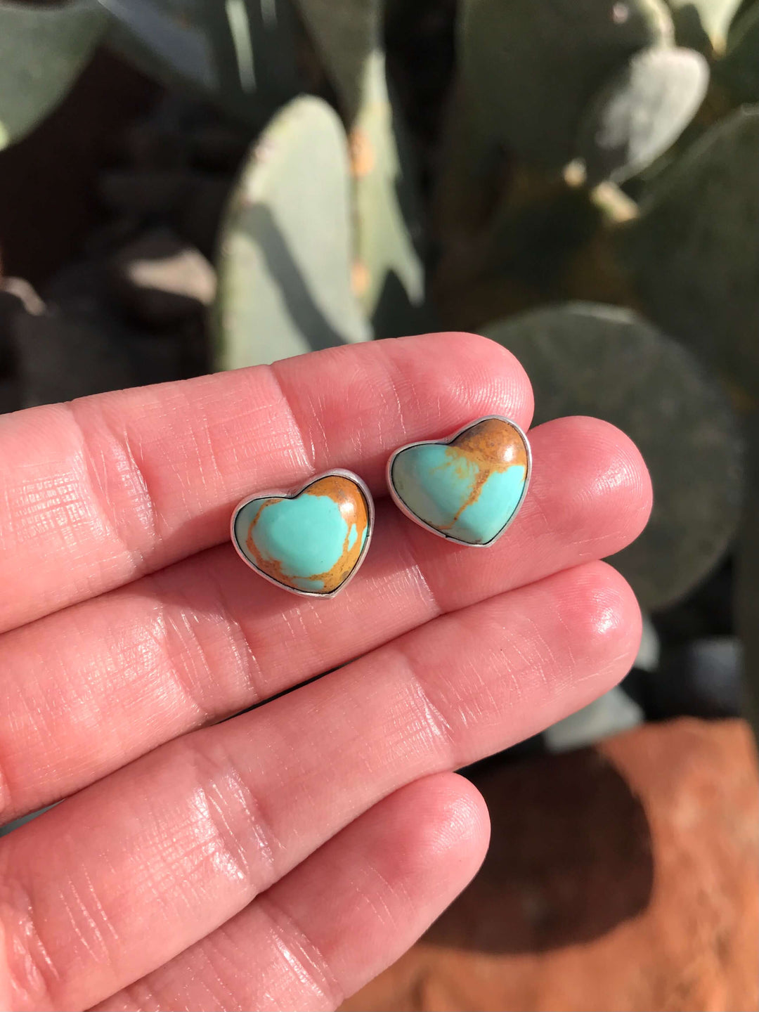 The Turquoise Heart Studs, 2-Earrings-Calli Co., Turquoise and Silver Jewelry, Native American Handmade, Zuni Tribe, Navajo Tribe, Brock Texas