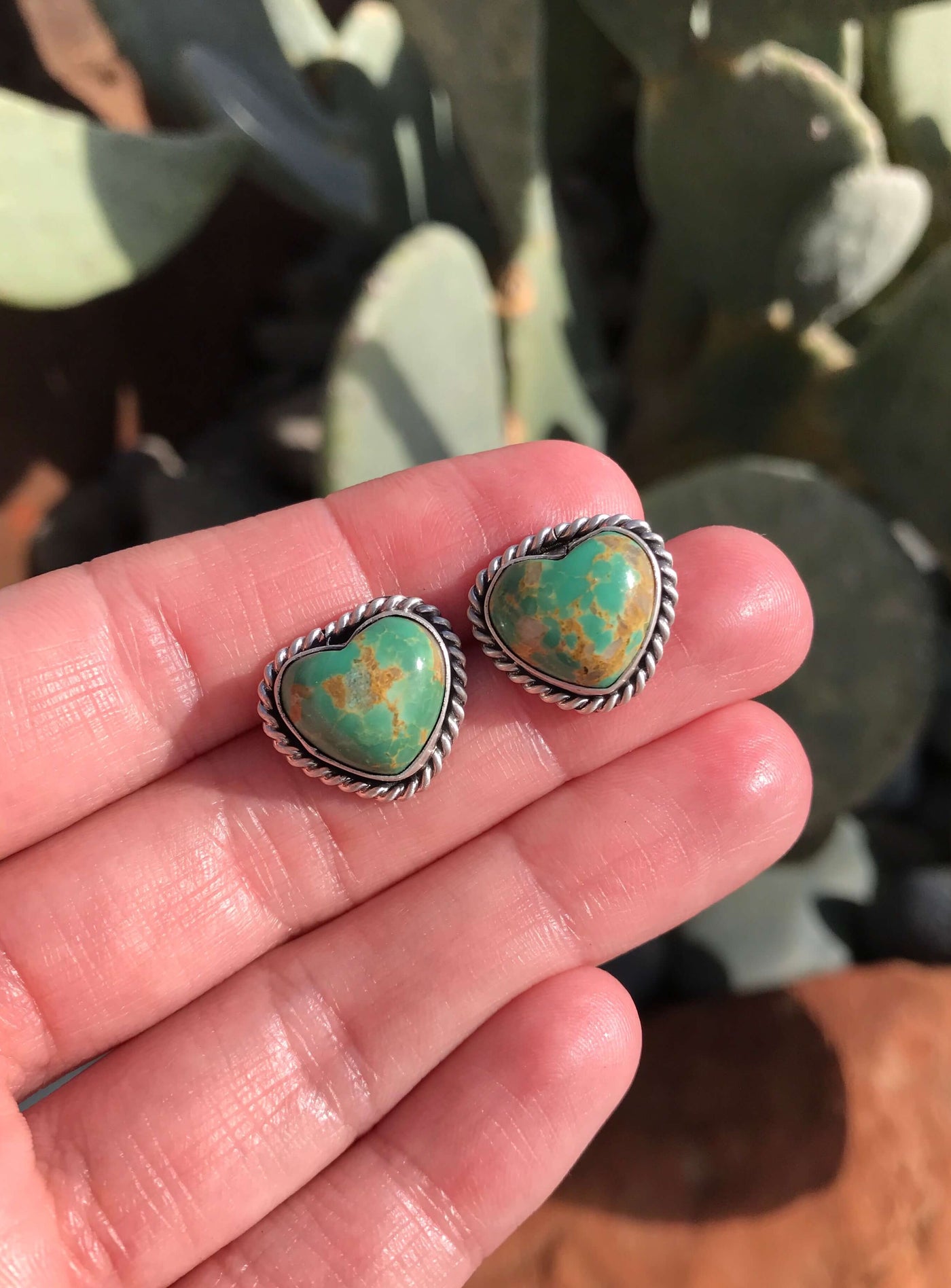 The Turquoise Heart Studs, 7-Earrings-Calli Co., Turquoise and Silver Jewelry, Native American Handmade, Zuni Tribe, Navajo Tribe, Brock Texas