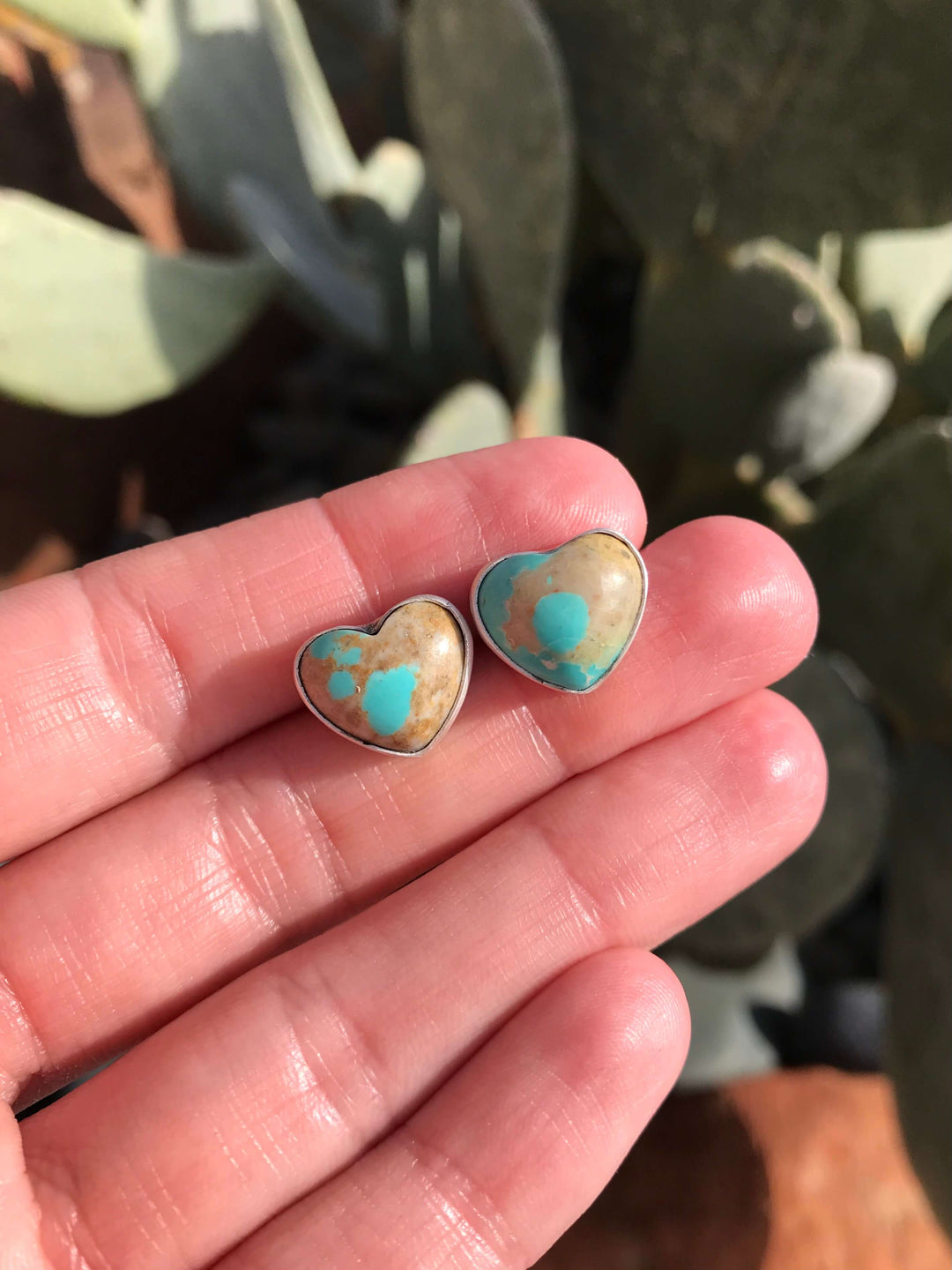 The Turquoise Heart Studs, 9-Earrings-Calli Co., Turquoise and Silver Jewelry, Native American Handmade, Zuni Tribe, Navajo Tribe, Brock Texas