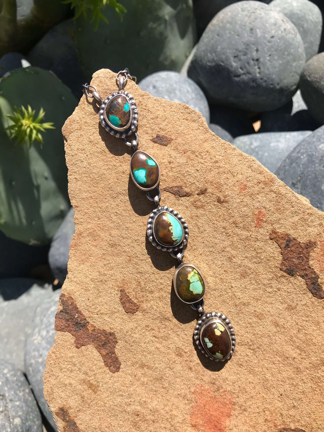 The Arroyo 5 Stone Lariat Necklace, 6-Necklaces-Calli Co., Turquoise and Silver Jewelry, Native American Handmade, Zuni Tribe, Navajo Tribe, Brock Texas