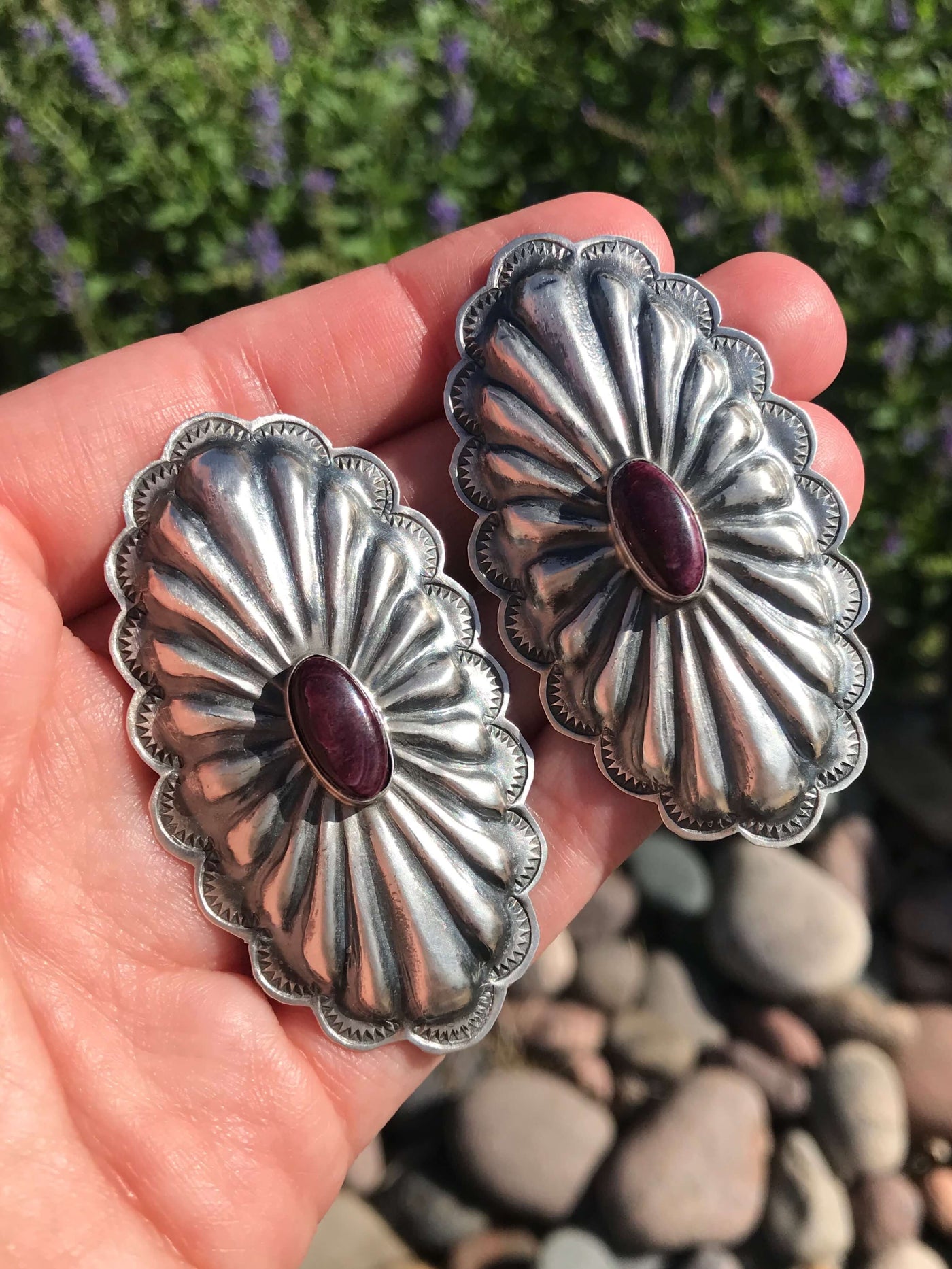 The Grande Purple Spiny Concho Earrings-Earrings-Calli Co., Turquoise and Silver Jewelry, Native American Handmade, Zuni Tribe, Navajo Tribe, Brock Texas