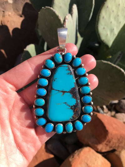 The Clancey Turquoise Cluster Pendant-Pendants-Calli Co., Turquoise and Silver Jewelry, Native American Handmade, Zuni Tribe, Navajo Tribe, Brock Texas