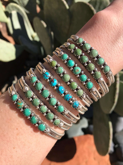 The San Miguel 5 Stone Turquoise Cuffs-Bracelets & Cuffs-Calli Co., Turquoise and Silver Jewelry, Native American Handmade, Zuni Tribe, Navajo Tribe, Brock Texas