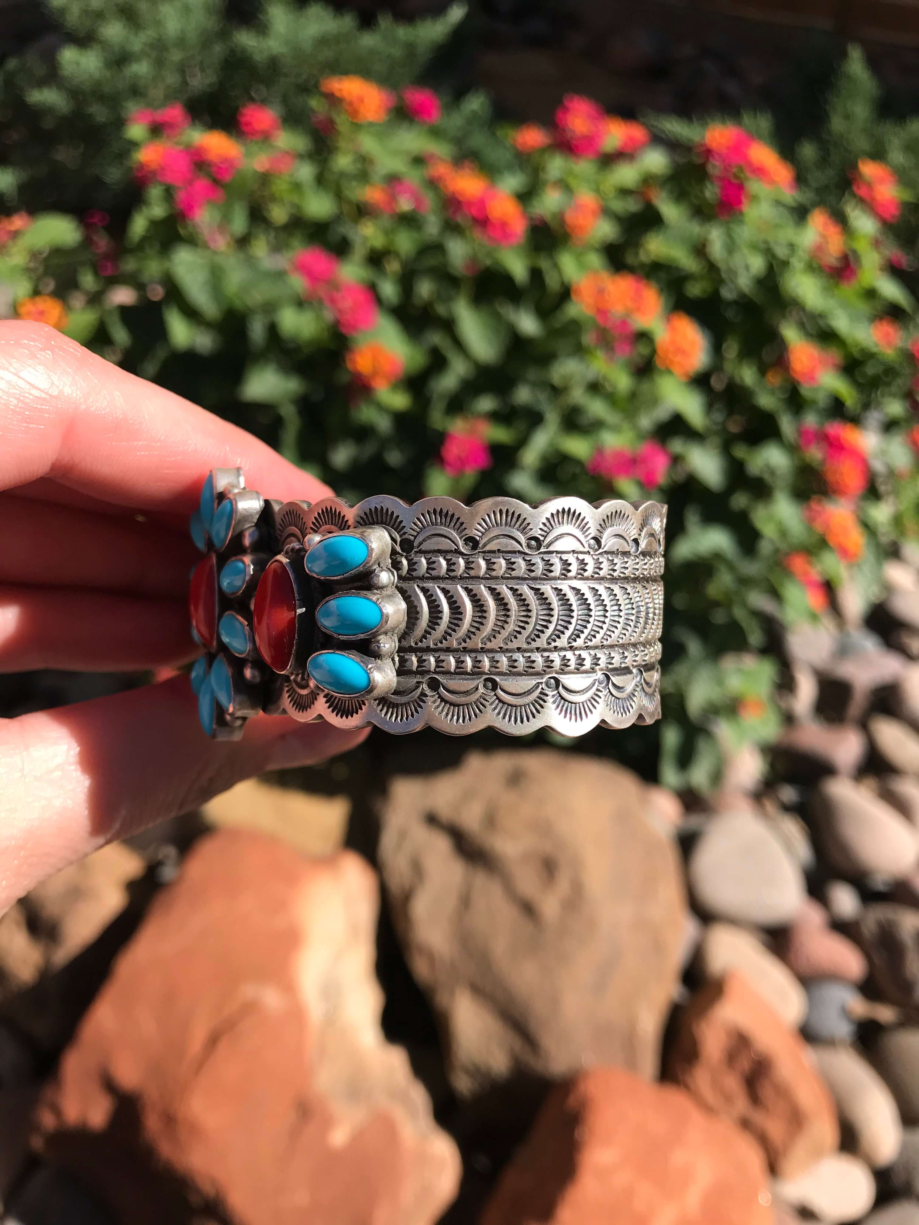 The Calladitto Sleeping Beauty and Coral Cuff-Bracelets & Cuffs-Calli Co., Turquoise and Silver Jewelry, Native American Handmade, Zuni Tribe, Navajo Tribe, Brock Texas