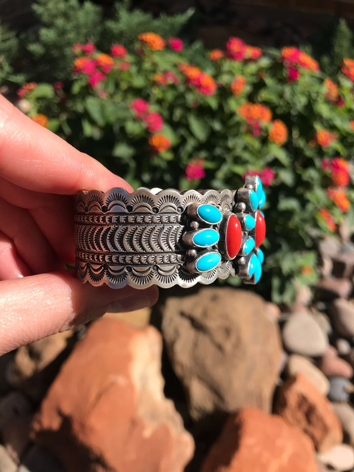 The Calladitto Sleeping Beauty and Coral Cuff-Bracelets & Cuffs-Calli Co., Turquoise and Silver Jewelry, Native American Handmade, Zuni Tribe, Navajo Tribe, Brock Texas