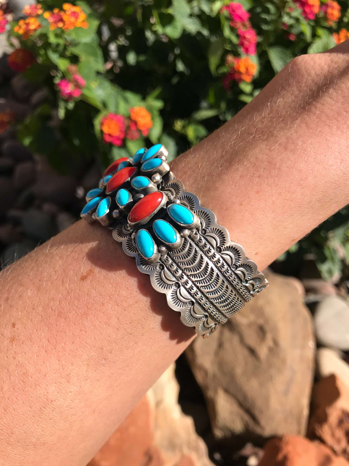 The Calladitto Sleeping Beauty and Coral Cuff-Bracelets & Cuffs-Calli Co., Turquoise and Silver Jewelry, Native American Handmade, Zuni Tribe, Navajo Tribe, Brock Texas
