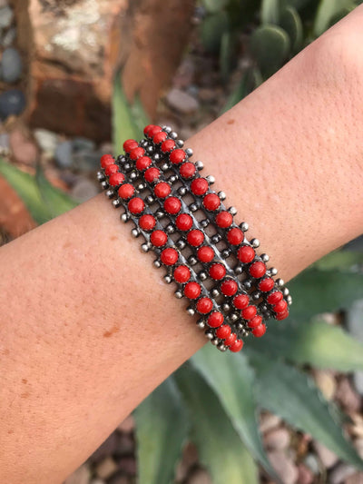 The Triple Row Coral Cuff-Bracelets & Cuffs-Calli Co., Turquoise and Silver Jewelry, Native American Handmade, Zuni Tribe, Navajo Tribe, Brock Texas