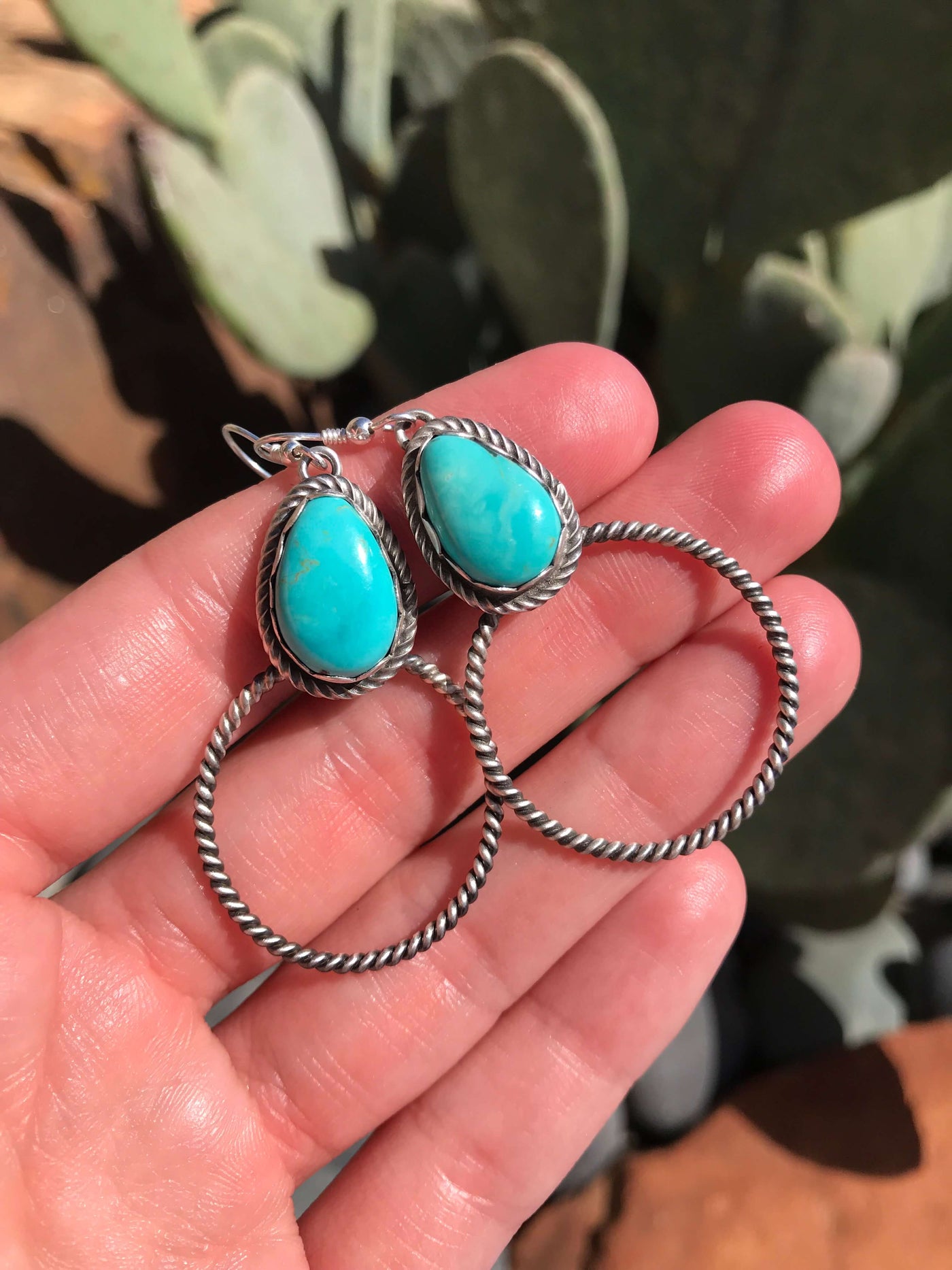 The Turquoise Midi Hoop, 4-Earrings-Calli Co., Turquoise and Silver Jewelry, Native American Handmade, Zuni Tribe, Navajo Tribe, Brock Texas