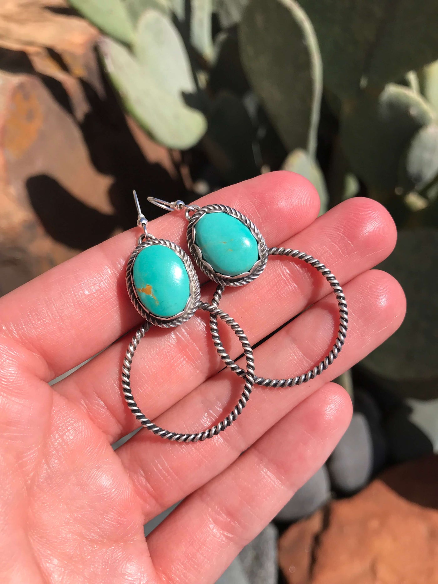 The Turquoise Midi Hoop, 8-Earrings-Calli Co., Turquoise and Silver Jewelry, Native American Handmade, Zuni Tribe, Navajo Tribe, Brock Texas