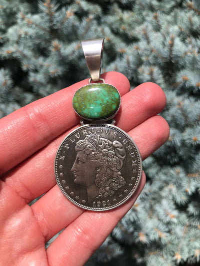 The Morgan Dollar Turquoise Pendant, 3-Pendants-Calli Co., Turquoise and Silver Jewelry, Native American Handmade, Zuni Tribe, Navajo Tribe, Brock Texas