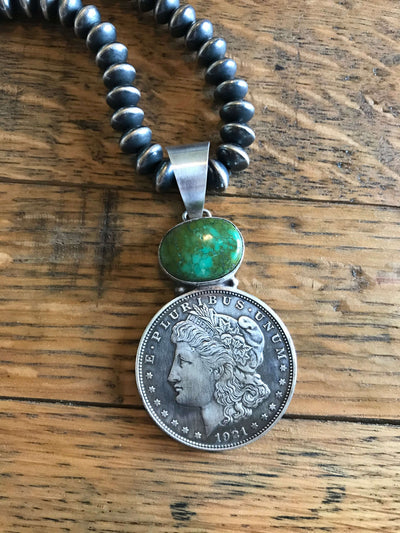 The Morgan Dollar Turquoise Pendant, 3-Pendants-Calli Co., Turquoise and Silver Jewelry, Native American Handmade, Zuni Tribe, Navajo Tribe, Brock Texas