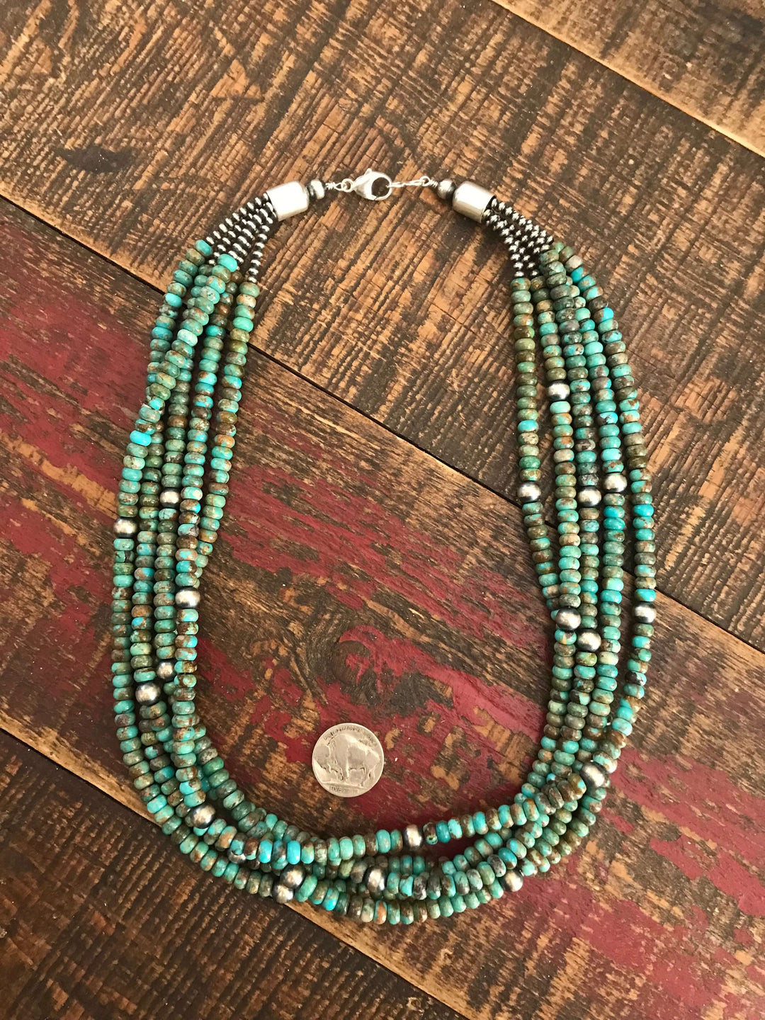The Kelso 5 Strand Necklace, 22"-Necklaces-Calli Co., Turquoise and Silver Jewelry, Native American Handmade, Zuni Tribe, Navajo Tribe, Brock Texas