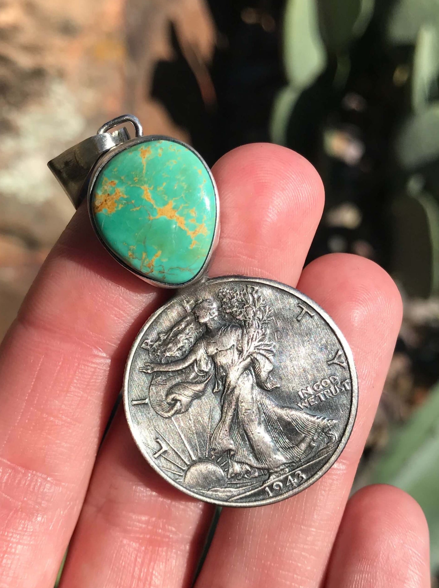 The Bardsey Turquoise Half-Dollar Pendant-Pendants-Calli Co., Turquoise and Silver Jewelry, Native American Handmade, Zuni Tribe, Navajo Tribe, Brock Texas