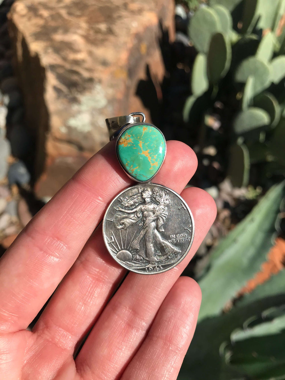 The Bardsey Turquoise Half-Dollar Pendant-Pendants-Calli Co., Turquoise and Silver Jewelry, Native American Handmade, Zuni Tribe, Navajo Tribe, Brock Texas