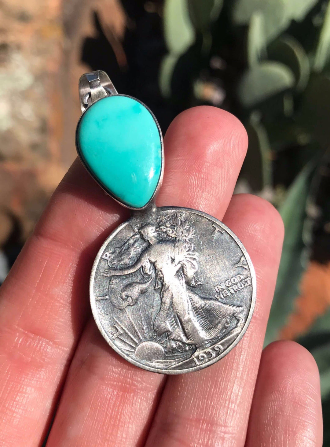 The Rochdale Turquoise Half-Dollar Pendant-Pendants-Calli Co., Turquoise and Silver Jewelry, Native American Handmade, Zuni Tribe, Navajo Tribe, Brock Texas