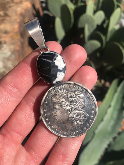 The Waddell White Buffalo Silver Dollar Pendant-Pendants-Calli Co., Turquoise and Silver Jewelry, Native American Handmade, Zuni Tribe, Navajo Tribe, Brock Texas