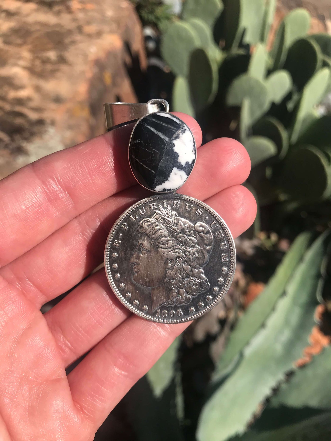 The Waddell White Buffalo Silver Dollar Pendant-Pendants-Calli Co., Turquoise and Silver Jewelry, Native American Handmade, Zuni Tribe, Navajo Tribe, Brock Texas