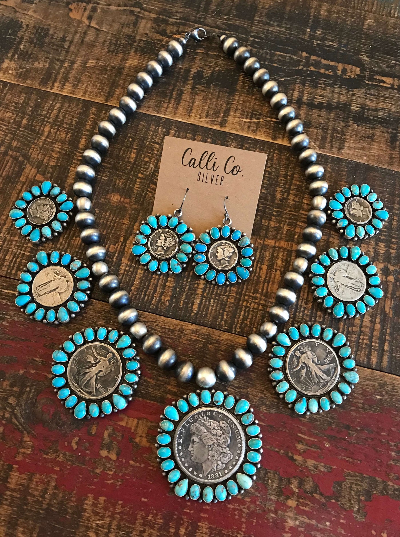 The Sophia Turquoise + Vintage Coin Necklace Set-Necklaces-Calli Co., Turquoise and Silver Jewelry, Native American Handmade, Zuni Tribe, Navajo Tribe, Brock Texas