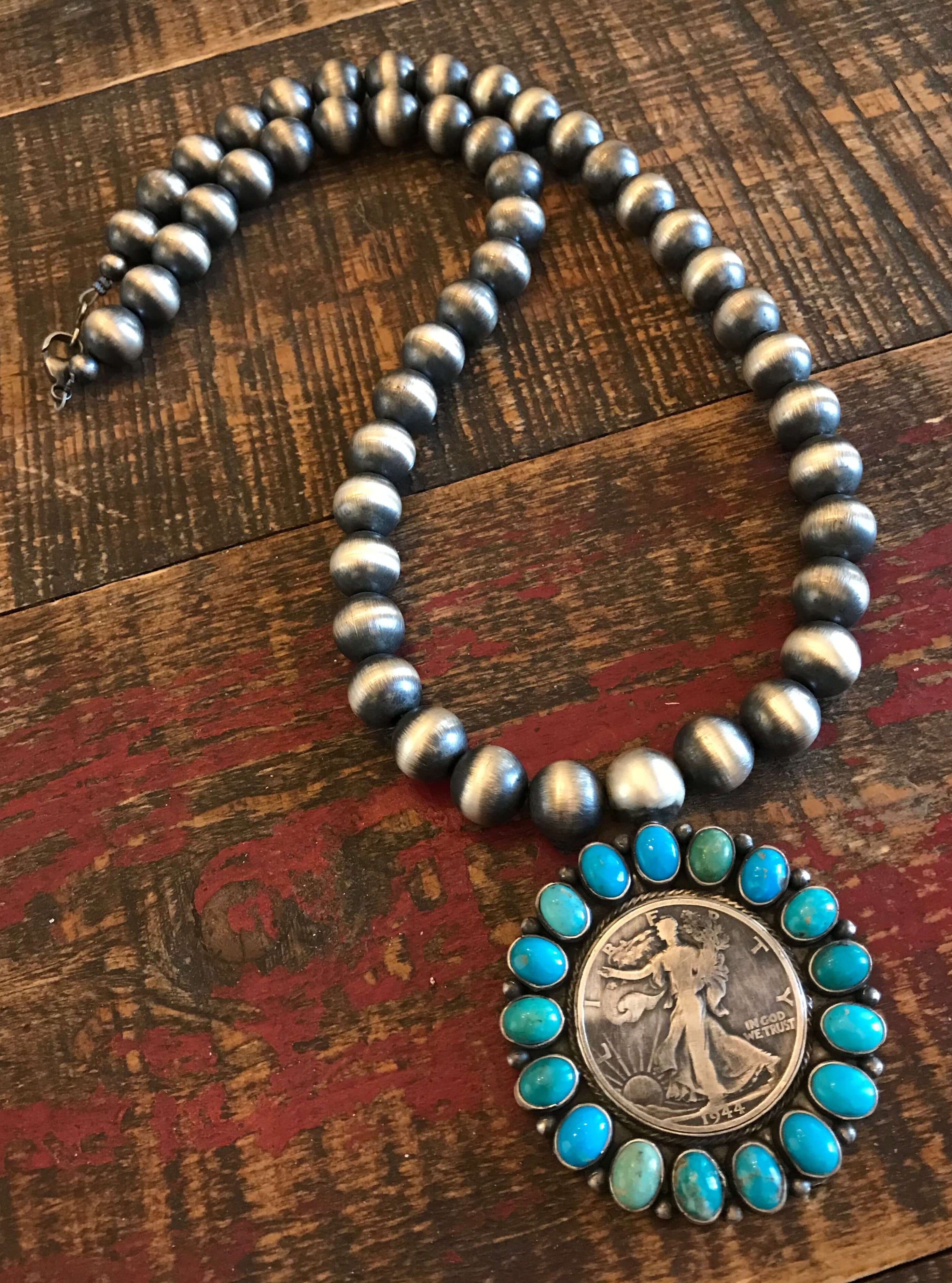 The 1944 Turquoise Coin Necklace-Necklaces-Calli Co., Turquoise and Silver Jewelry, Native American Handmade, Zuni Tribe, Navajo Tribe, Brock Texas