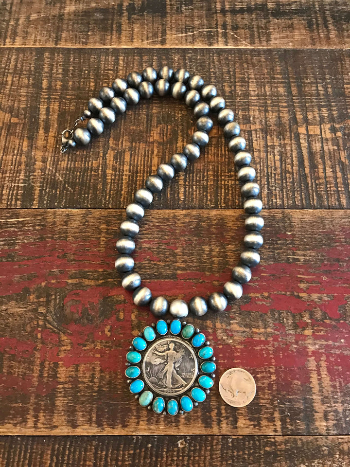 The 1944 Turquoise Coin Necklace-Necklaces-Calli Co., Turquoise and Silver Jewelry, Native American Handmade, Zuni Tribe, Navajo Tribe, Brock Texas