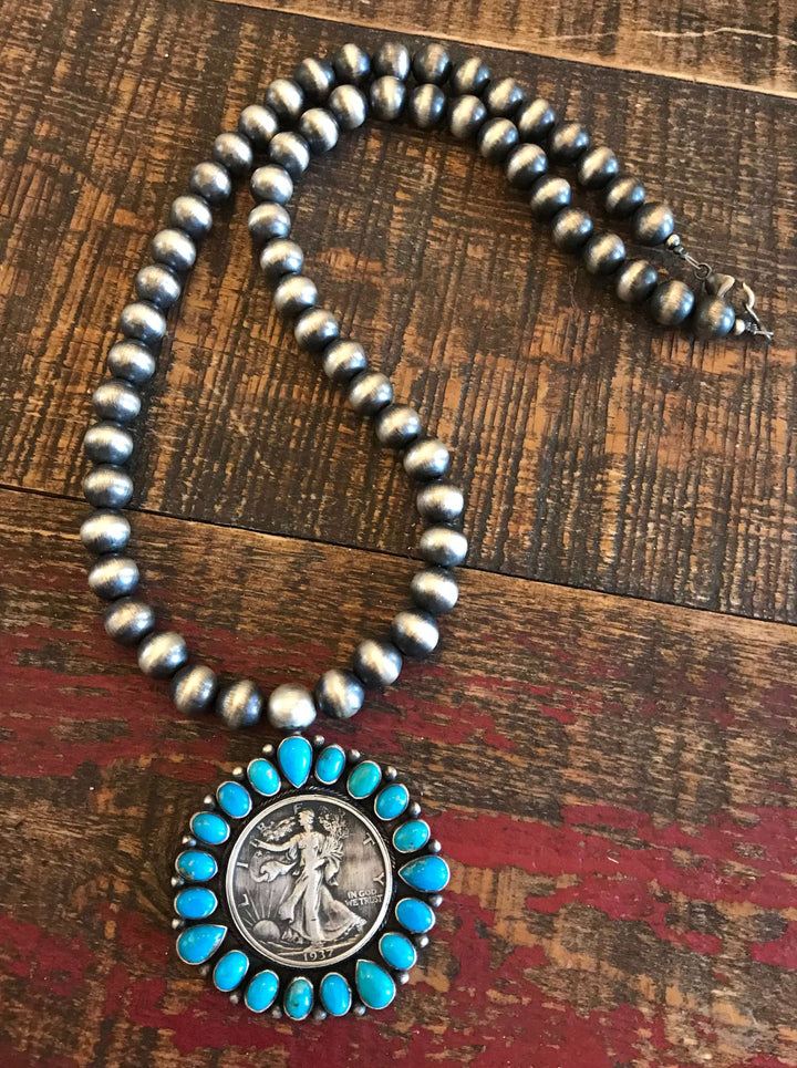 The 1937 Turquoise Coin Necklace-Necklaces-Calli Co., Turquoise and Silver Jewelry, Native American Handmade, Zuni Tribe, Navajo Tribe, Brock Texas
