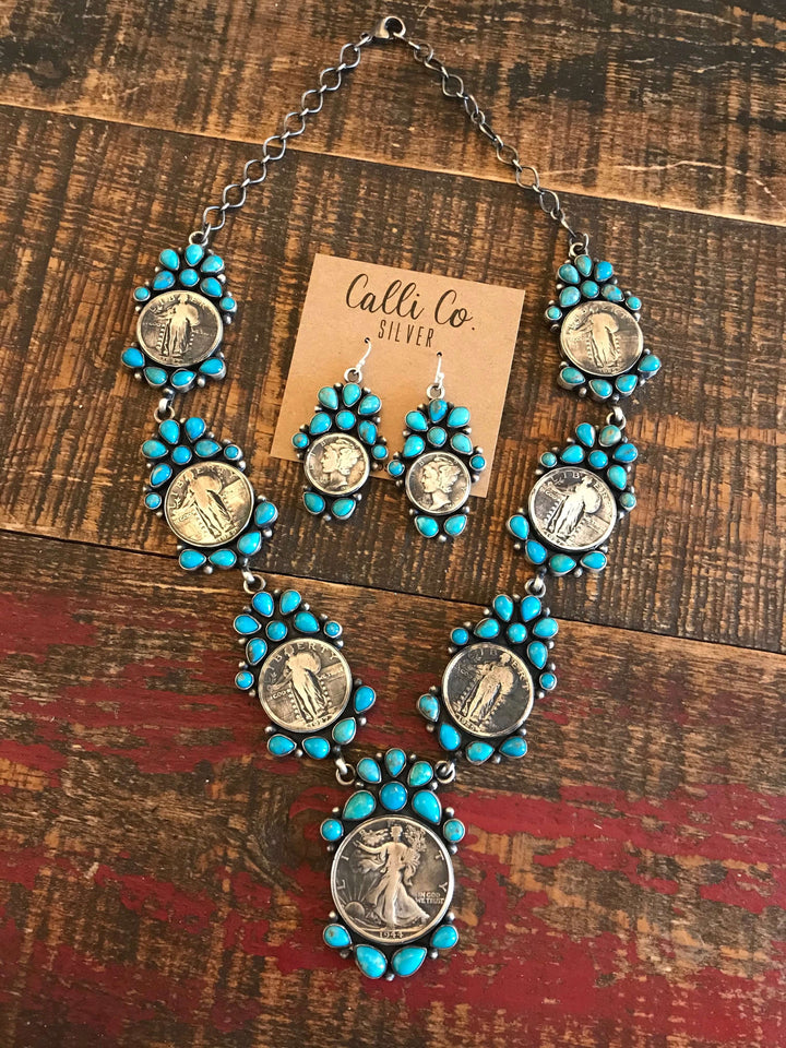 The Jay Turquoise and Coin Necklace-Necklaces-Calli Co., Turquoise and Silver Jewelry, Native American Handmade, Zuni Tribe, Navajo Tribe, Brock Texas