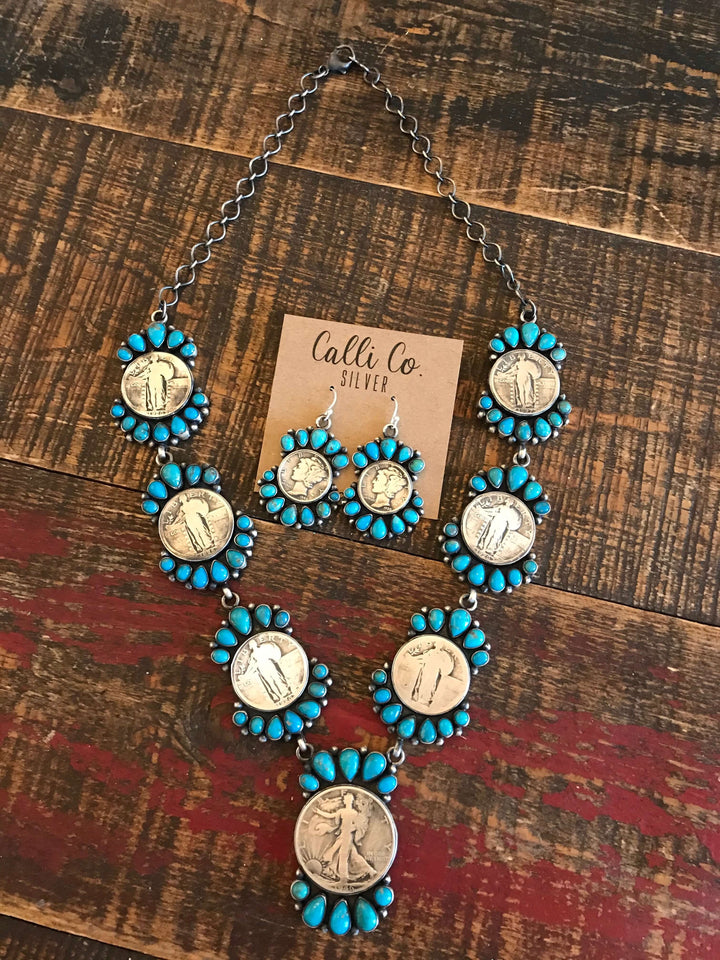The Riddle Turquoise and Coin Necklace-Necklaces-Calli Co., Turquoise and Silver Jewelry, Native American Handmade, Zuni Tribe, Navajo Tribe, Brock Texas