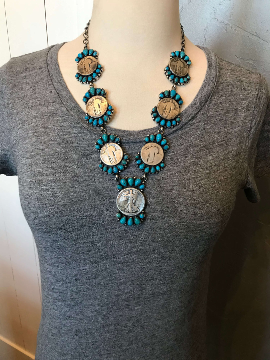 The Riddle Turquoise and Coin Necklace-Necklaces-Calli Co., Turquoise and Silver Jewelry, Native American Handmade, Zuni Tribe, Navajo Tribe, Brock Texas