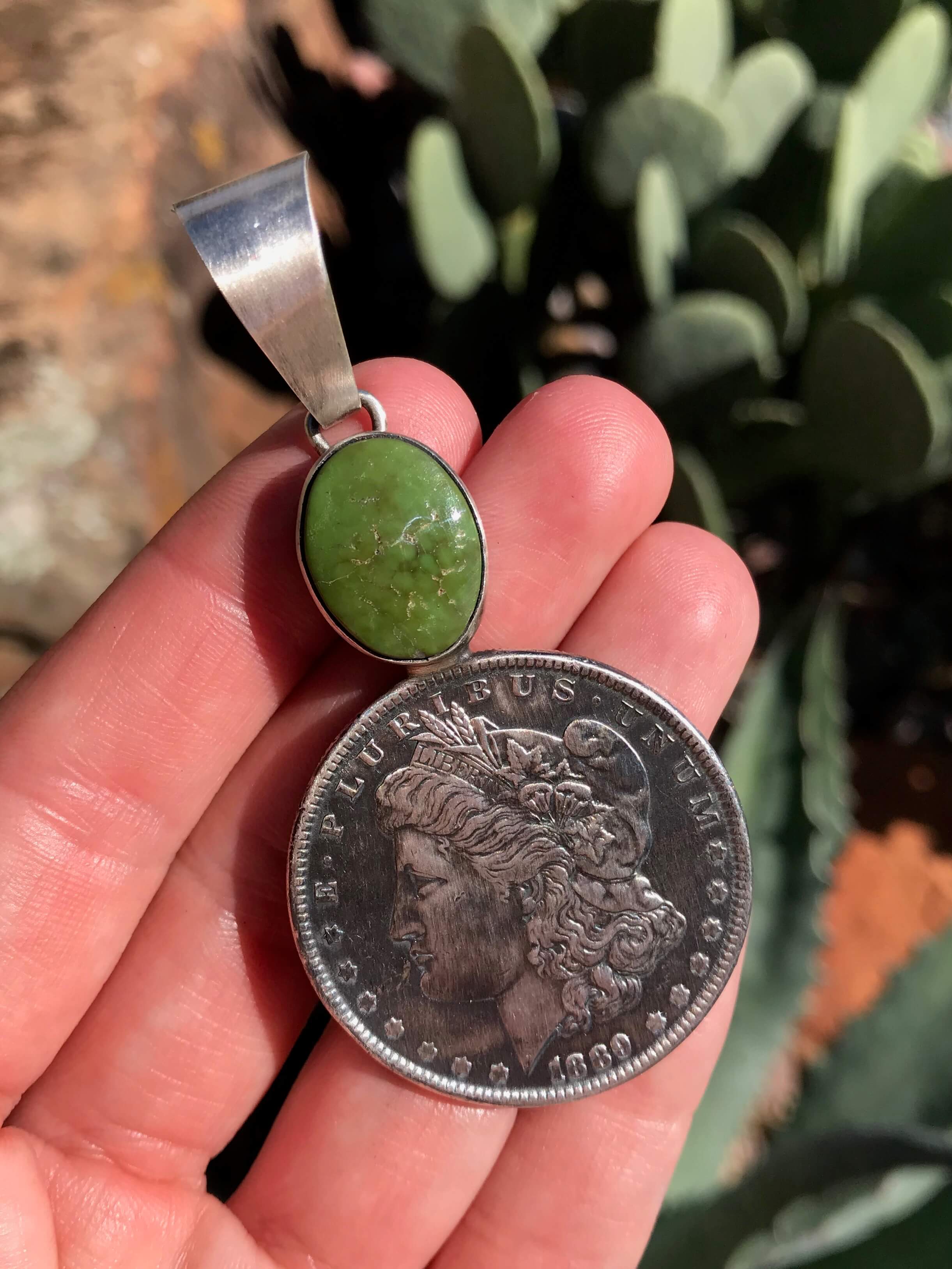 The Quezon Turquoise Morgan Dollar Pendant-Pendants-Calli Co., Turquoise and Silver Jewelry, Native American Handmade, Zuni Tribe, Navajo Tribe, Brock Texas