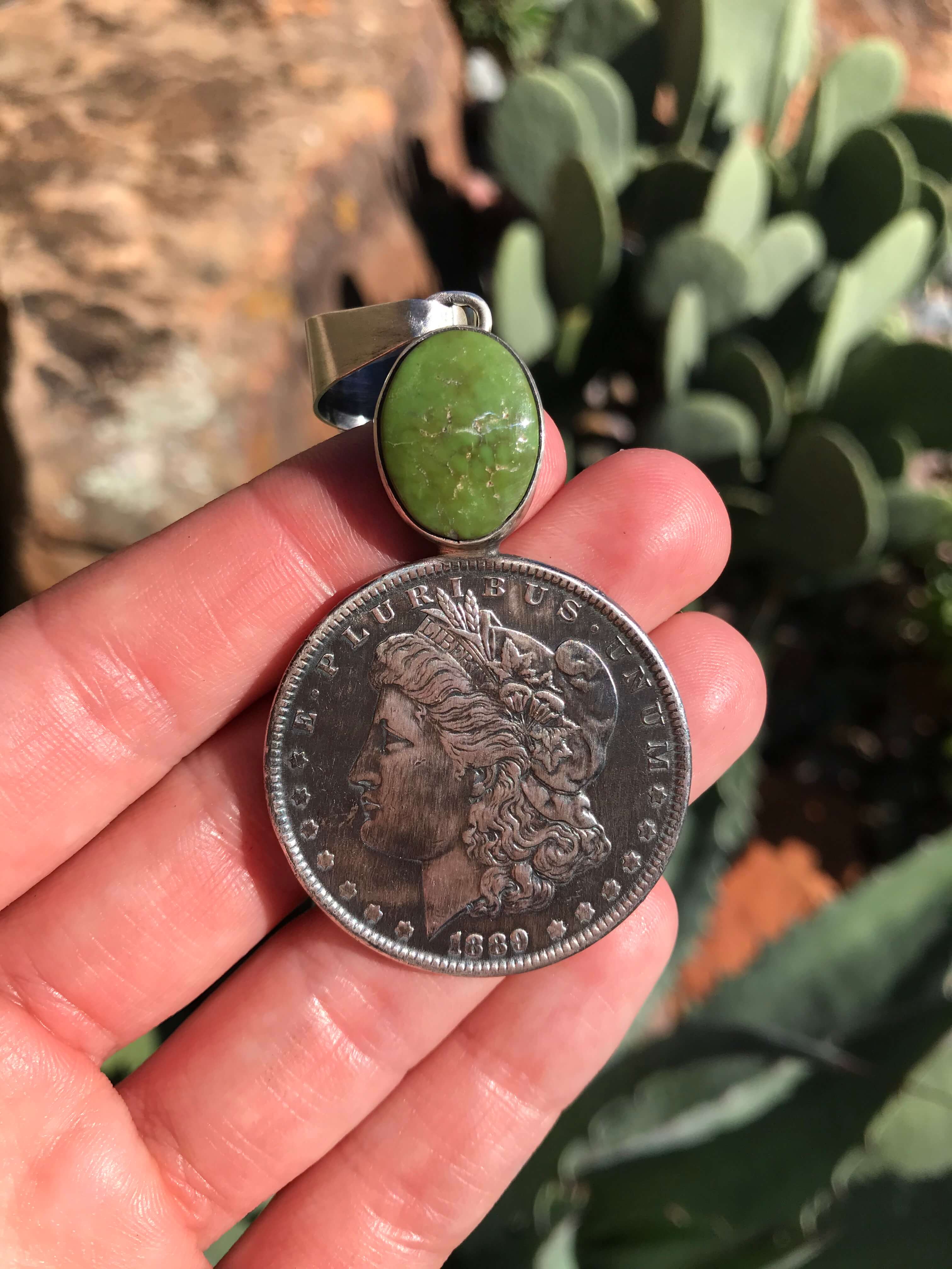 The Quezon Turquoise Morgan Dollar Pendant-Pendants-Calli Co., Turquoise and Silver Jewelry, Native American Handmade, Zuni Tribe, Navajo Tribe, Brock Texas