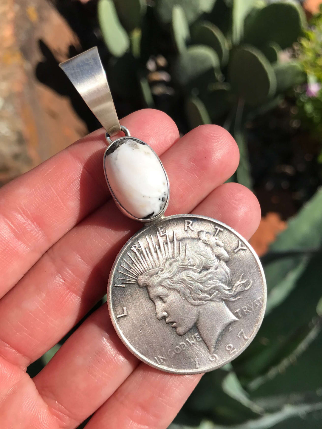The Enlow White Buffalo Liberty Dollar Pendant-Pendants-Calli Co., Turquoise and Silver Jewelry, Native American Handmade, Zuni Tribe, Navajo Tribe, Brock Texas