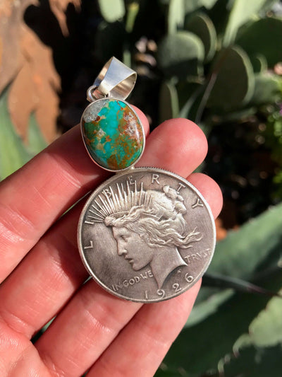 The Thorold Turquoise Liberty Dollar Pendant-Pendants-Calli Co., Turquoise and Silver Jewelry, Native American Handmade, Zuni Tribe, Navajo Tribe, Brock Texas