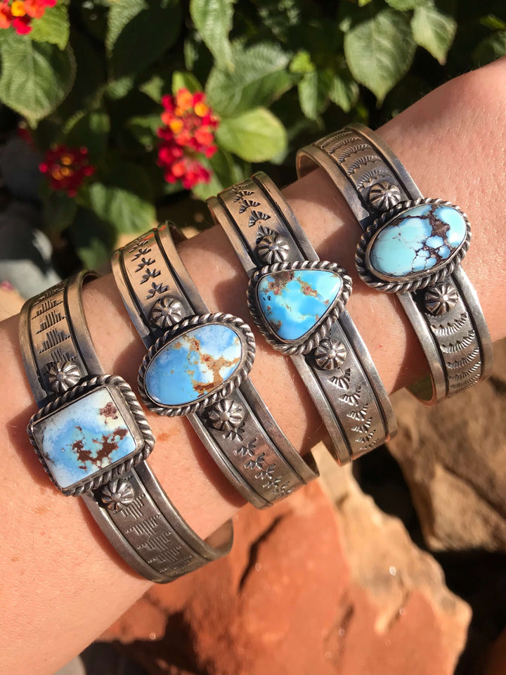 The Caton Golden Hills Turquoise Cuffs-Bracelets & Cuffs-Calli Co., Turquoise and Silver Jewelry, Native American Handmade, Zuni Tribe, Navajo Tribe, Brock Texas