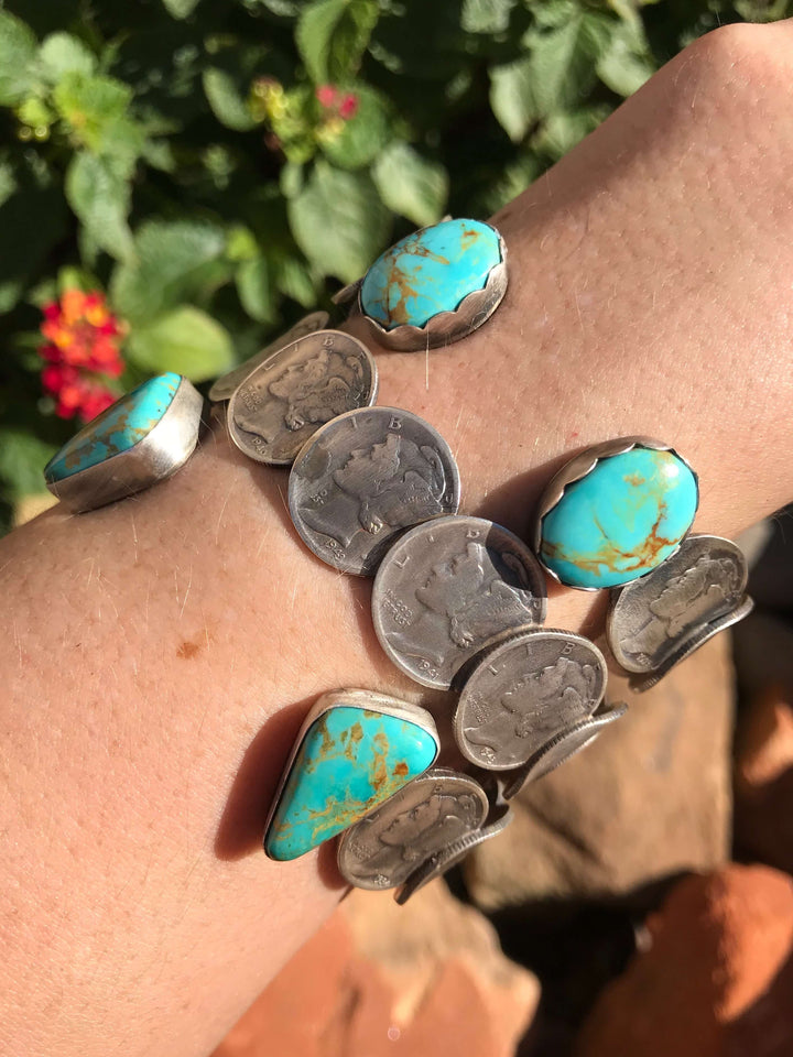 The Kingman and Mercury Dime Cuffs-Bracelets & Cuffs-Calli Co., Turquoise and Silver Jewelry, Native American Handmade, Zuni Tribe, Navajo Tribe, Brock Texas